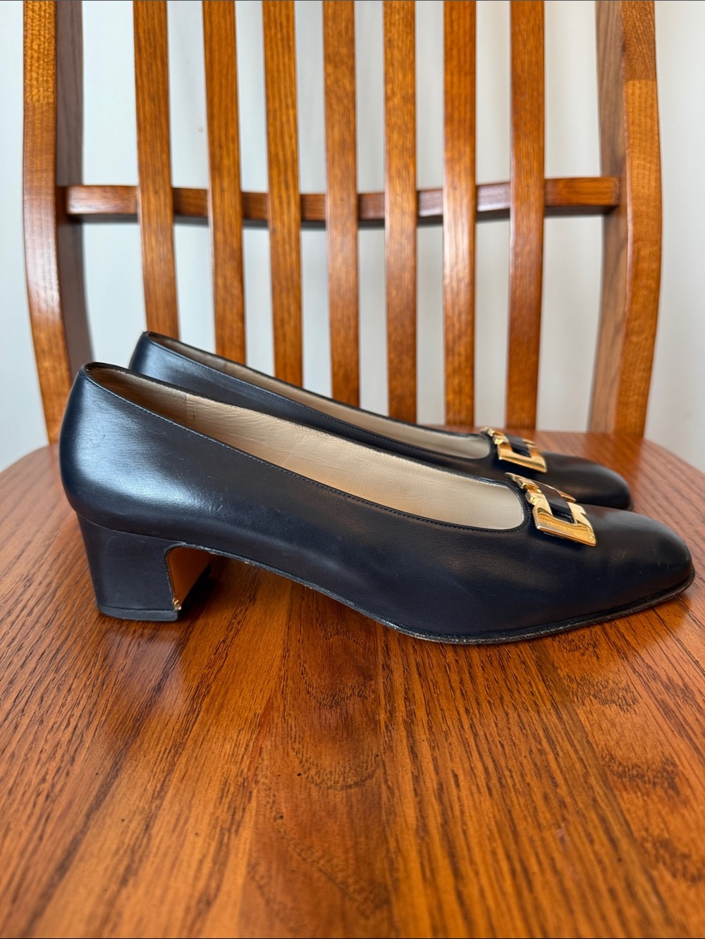 Ferragamo Navy Blue Leather Heels with Gold Buckle Accent - Picture 5 of 7